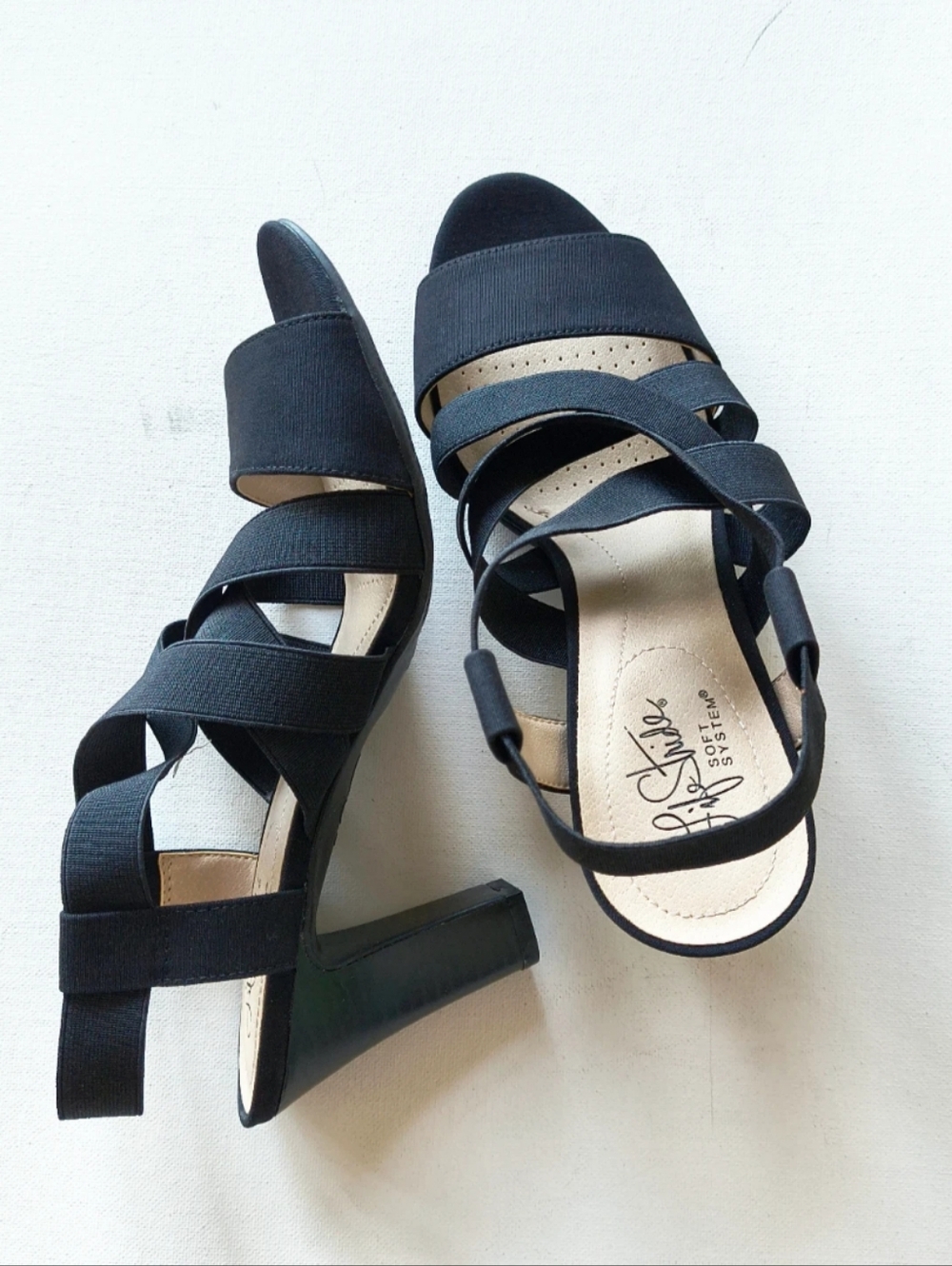 Life Stride Charlotte Black Strappy Elastic Block Heel Sandals